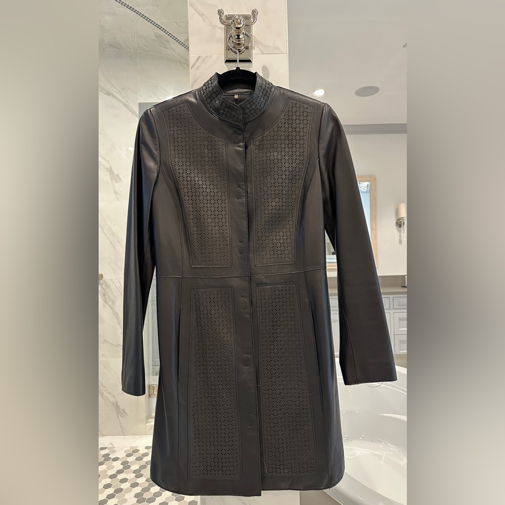 Elie Tahari Perforated 100% Lamb Leather Long Coat Dress SzXS Dark Brown